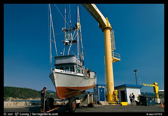 Fishing boat lifted onto deck, Port Orford. Oregon, USA