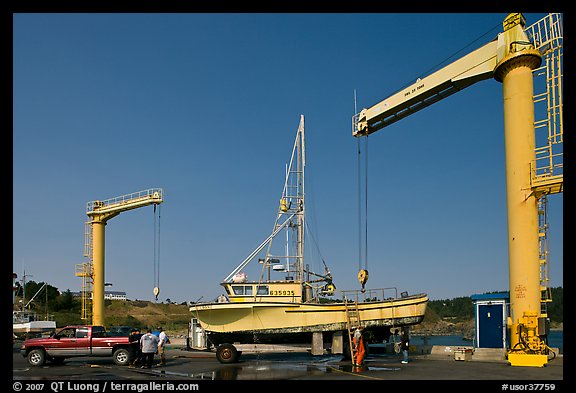 Hoists and fishing boats, Port Orford. Oregon, USA