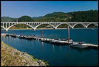 Boat deck and Isaac Lee Patterson Bridge over the Rogue River. Oregon, USA ( color)