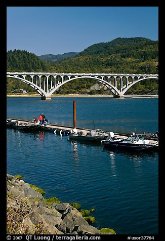 Boat deck and arched bridge, Rogue River. Oregon, USA (color)