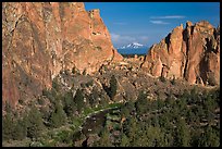 Oregon cascades seen through cliffs. Smith Rock State Park, Oregon, USA (color)