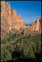 Snow-capped mountain seen through cliffs. Smith Rock State Park, Oregon, USA ( color)