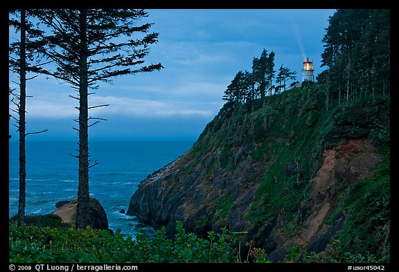 Heceta Head and light beam, twilight. Oregon, USA (color)