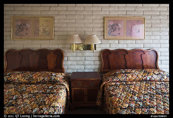 Beds in motel room, Cave Junction. Oregon, USA (color)