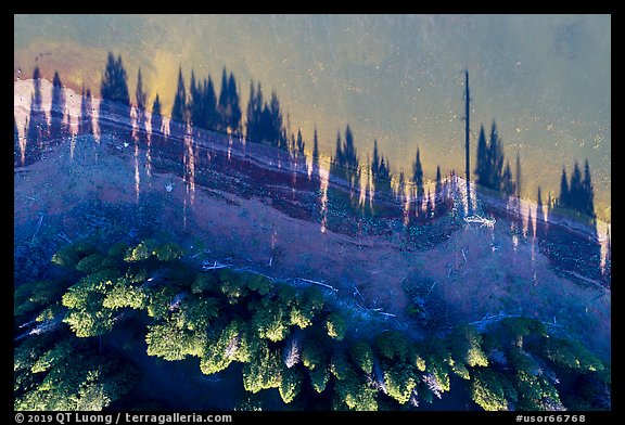 Aerial view of looking down Hyatt Lake shoreline with tree shadows. Cascade Siskiyou National Monument, Oregon, USA (color)