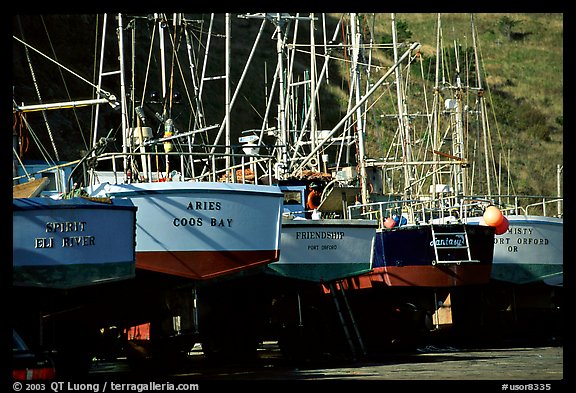 Boats on the deck in Port Orford. Oregon, USA (color)