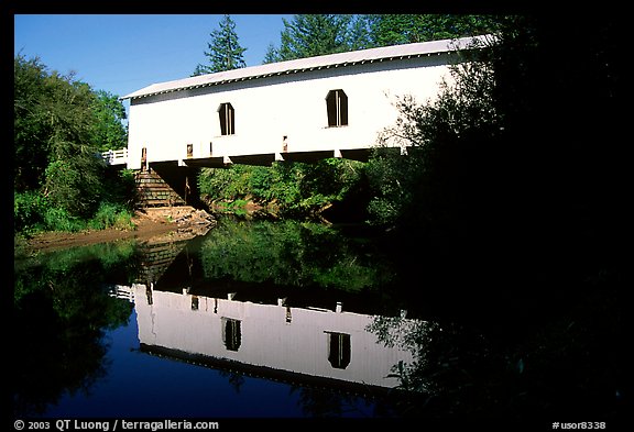 White covered Bridge reflected in river, Willamette Valley. Oregon, USA (color)