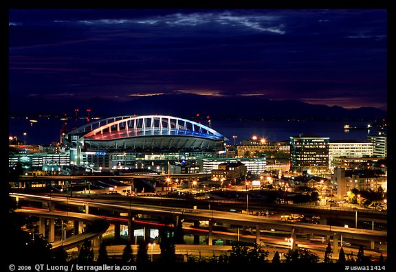 Qwest Field stadium and freeways at night. Seattle, Washington (color)