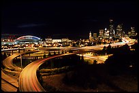 Freeway, stadium, and skyline at night. Seattle, Washington (color)