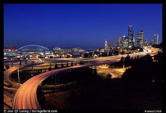 Seattle skyline, Qwest Field and freeways at dawn. Seattle, Washington