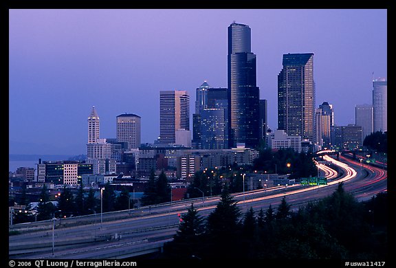 Seattle skyline and freeway at dawn. Seattle, Washington (color)