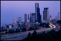 Seattle skyline and freeway at dawn. Seattle, Washington (color)