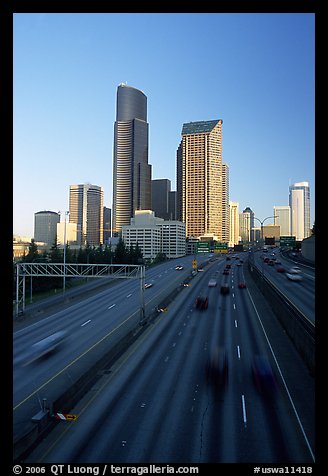 Freeway and downtown skyline, early morning. Seattle, Washington (color)