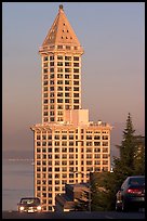 Smith Tower and cars on steep street, early morning. Seattle, Washington ( color)