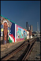 Railroad, mural, and high-rise towers. Seattle, Washington (color)