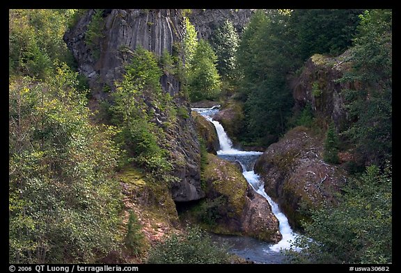 Muddy River spills over basalt falls in Lava Canyon. Mount St Helens National Volcanic Monument, Washington (color)