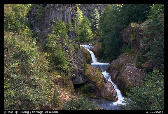 Muddy River spills over basalt falls in Lava Canyon. Mount St Helens National Volcanic Monument, Washington