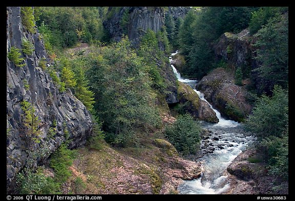 Basalt columns and Muddy River in Lava Canyon. Mount St Helens National Volcanic Monument, Washington