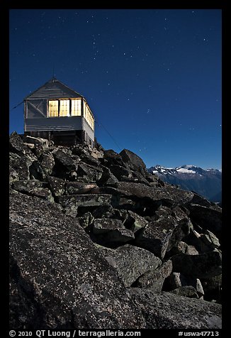 Moonlit fire lookout, Hidden Peak, Mount Baker Glacier Snoqualmie National Forest. Washington