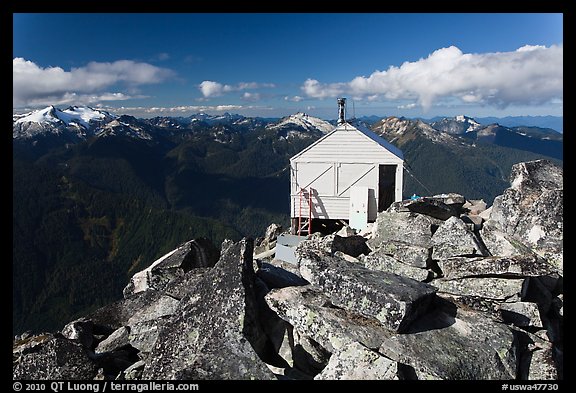 Fire lookout on Hidden Lake Peak, Mount Baker Glacier Snoqualmie National Forest. Washington