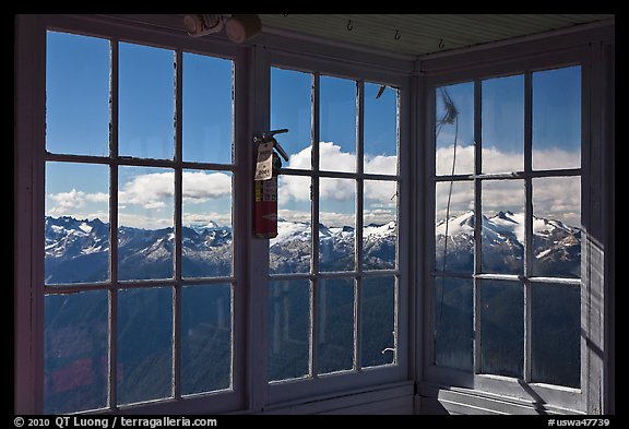 Mountains seen through windows of Hidden Lake Lookout. Washington (color)