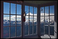 Mountains seen through windows of Hidden Lake Lookout. Washington (color)