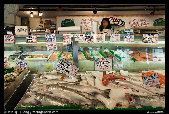 Fresh fish for sale, Pike Place Market. Seattle, Washington (color)
