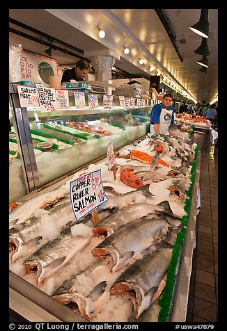 Fishmonger stall in Main Arcade. Seattle, Washington (color)