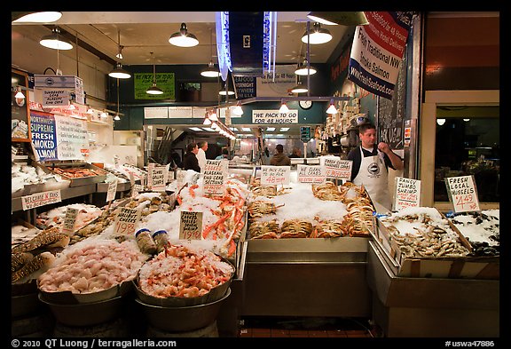 Seafood vending, Pike Place Market. Seattle, Washington (color)