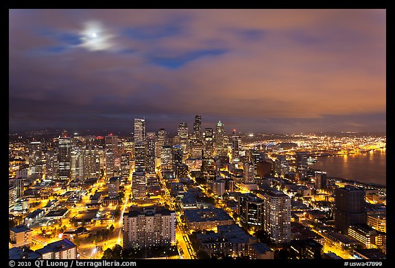 Cityscape with moon. Seattle, Washington (color)