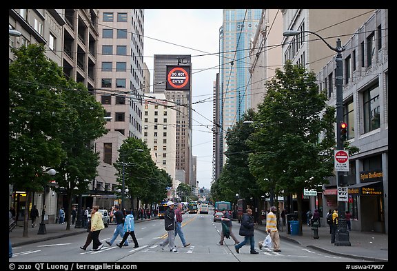 Pedestrian crossing and busses, downtown. Seattle, Washington (color)