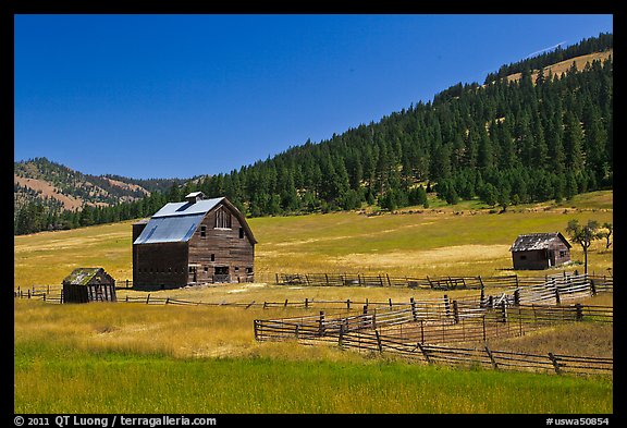 Barn and pasture in mountains. Washington