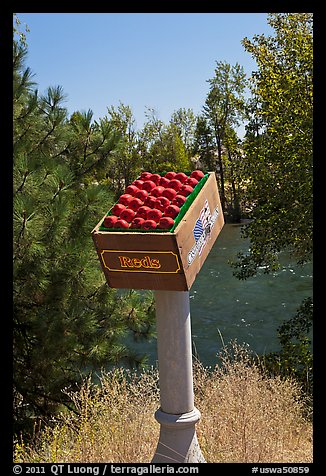 Sculpture of red apples box, Cashmere. Washington