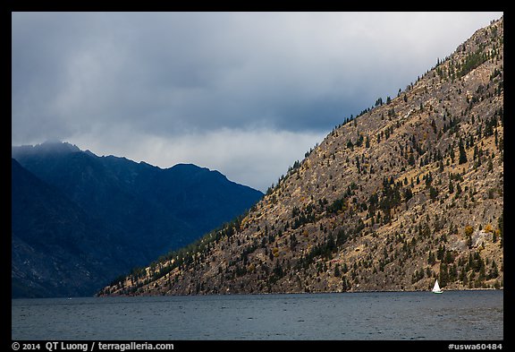Sailboat, approaching storm, Lake Chelan. Washington (color)