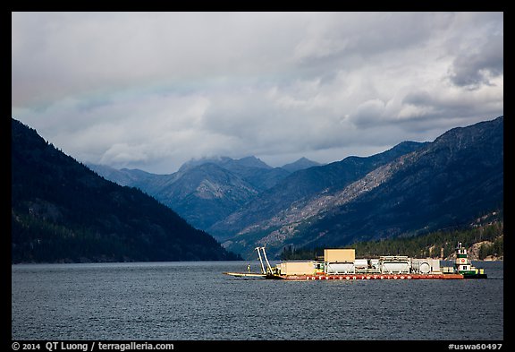 Barge and mountains, Lake Chelan. Washington (color)