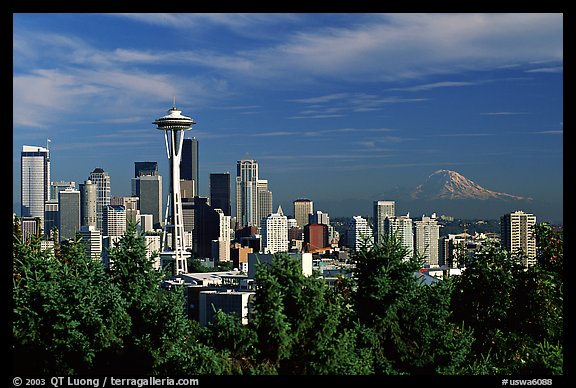 Seattle skyline with the Needle and Mt Rainier, afternoon. Seattle, Washington (color)