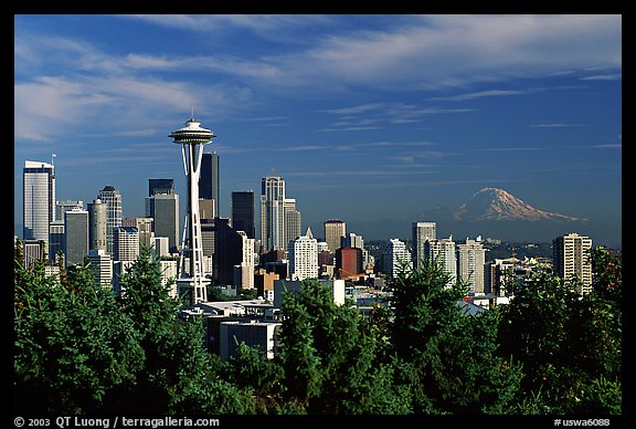 Seattle skyline with the Needle and Mt Rainier, afternoon. Seattle, Washington