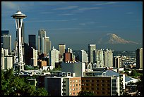 Seattle skyline with the Needle and Mt Rainier, afternoon. Seattle, Washington ( color)