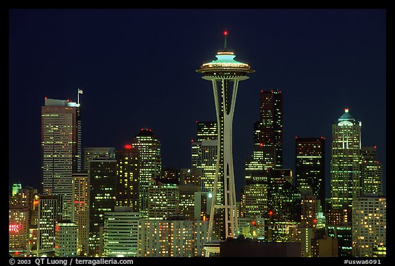 Seattle skyline at night with the Needle. Seattle, Washington