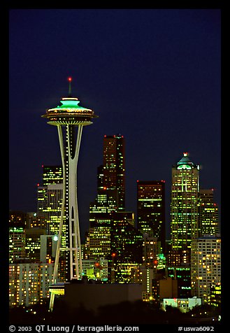 Seattle skyline at night with the Needle. Seattle, Washington (color)