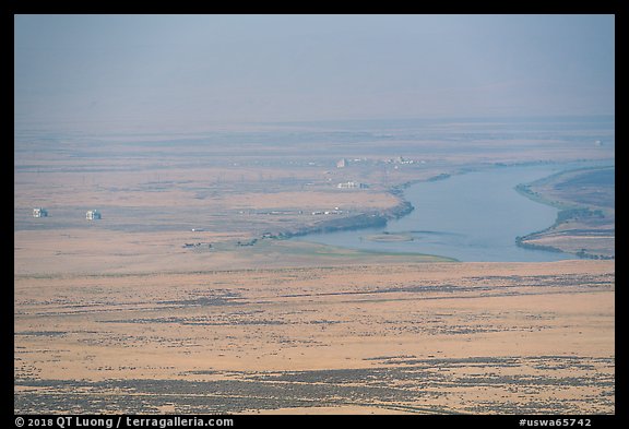 Distant Columbia River and nuclear reactors, Hanford Reach. Washington (color)