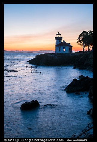 Lime Kiln Lighthouse at dusk, Lime Point State Park, San Juan Island. Washington (color)
