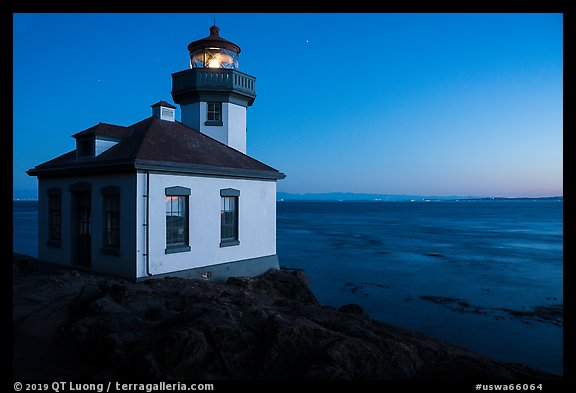 Lime Kiln Lighthouse and Haro Strait at dusk, Lime Point State Park, San Juan Island. Washington (color)