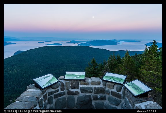 Interpretive signs on top of Ellsworth Storey Tower at sunset, Moran State Park. Washington (color)