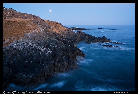 Coastline and moon, Iceberg Point, San Juan Islands National Monument, Lopez Island. Washington