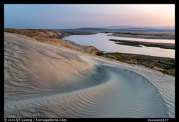 Sand dunes and Columbia River, and Locke Island at sunset, Hanford Reach National Monument. Washington (color)