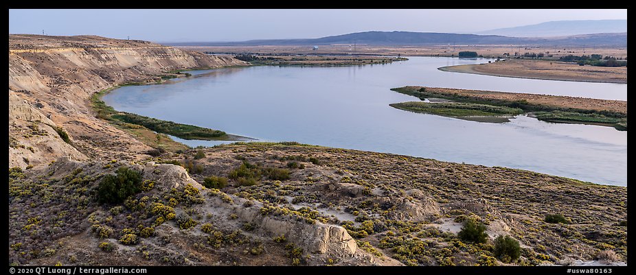 White Bluffs, Locke Island, and Columbia River, twilight, Hanford Reach National Monument. Washington (color)