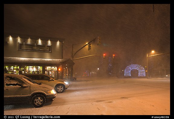 Street in snow blizzard by night. Jackson, Wyoming, USA