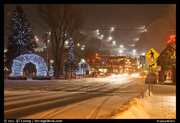 Street and town square with fresh snow by night. Jackson, Wyoming, USA (color)