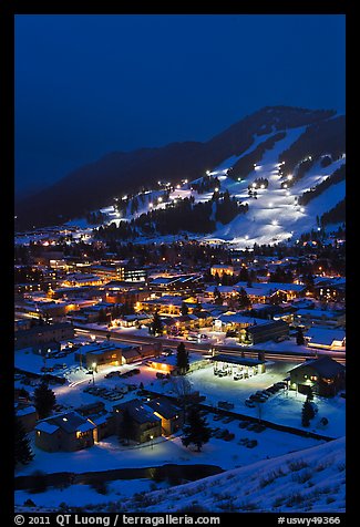 Town and Snow King ski hill from above at night. Jackson, Wyoming, USA (color)